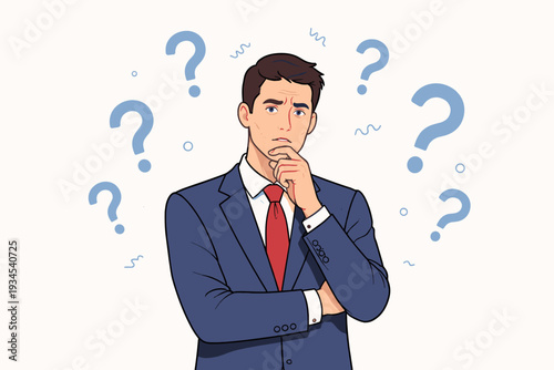 Skeptical Businessman in Blue Suit Thinking About a Difficult Decision with Question Marks, Doubtful Professional Man Questioning a Business Deal, Confused Executive Making a Choice Illustration.