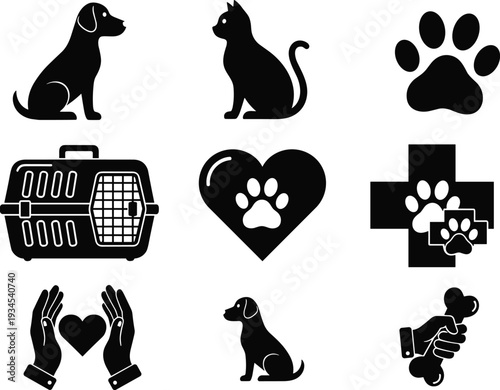Pet care and veterinary silhouette icon set with dog cat paw heart clinic symbols vector illustration isolated black animal collection