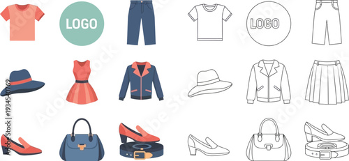 Collection of fashion items including clothing accessories and logo templates