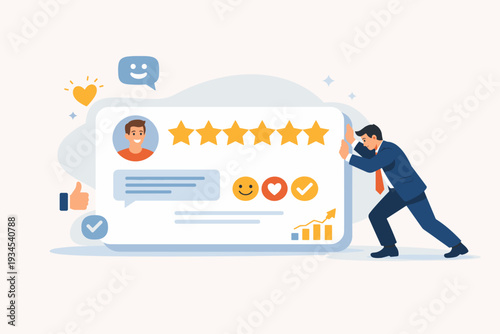 Businessman pushing a giant customer testimonial card with five stars rating, user profile, and positive feedback icons. Concept of online reputation management, client satisfaction, and growth.