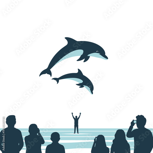Dolphins jumping in air with audience watching, trainer celebrating success