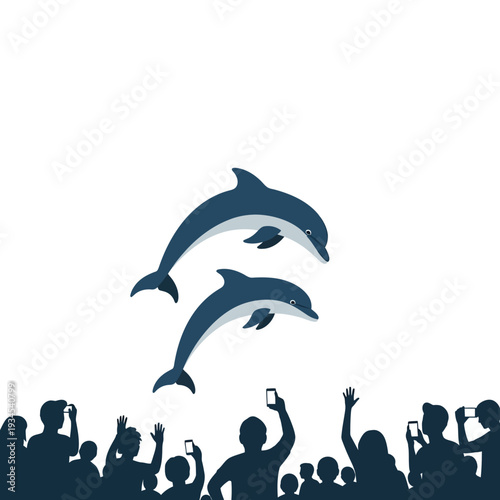 Dolphins jumping in air, audience watching and photographing at a show