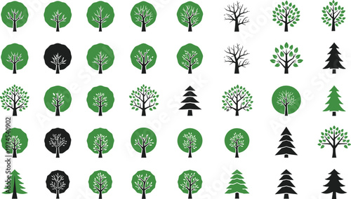 Tree icon and silhouette set with green deciduous and pine forest symbols nature ecology vector illustration isolated environmental collection