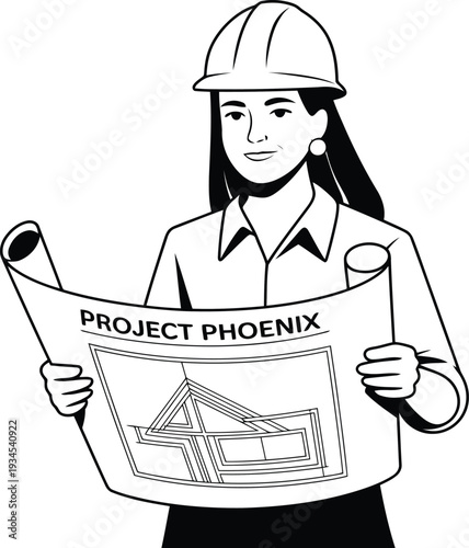 A female engineer reviewing blueprints for project phoenix