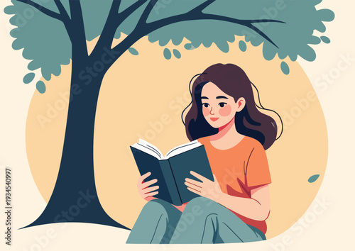 donna che legge un libro romanzo giallo sotto albero in campagna aperta sulla terra erba terreno vettoriale 