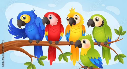 A colorful illustration of five parrots perched on a tree branch against a light blue background