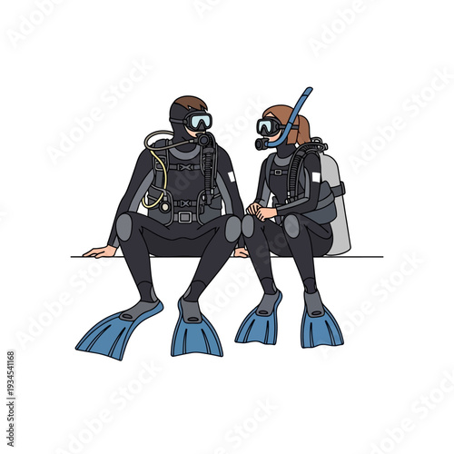 Couple scuba divers in full gear sitting together, ready for underwater adventure