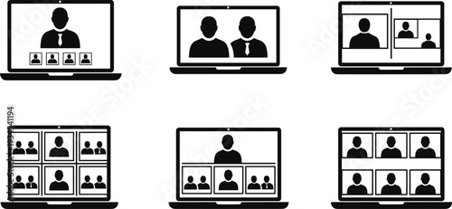 Online meeting video conference laptop screens remote communication vector illustration icon set
