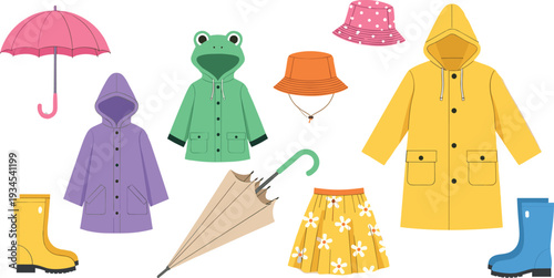 Colorful Rainy Season Clothing Collection with Umbrella Raincoats Rubber Boots Hats and Skirt Cartoon Vector Illustration Set