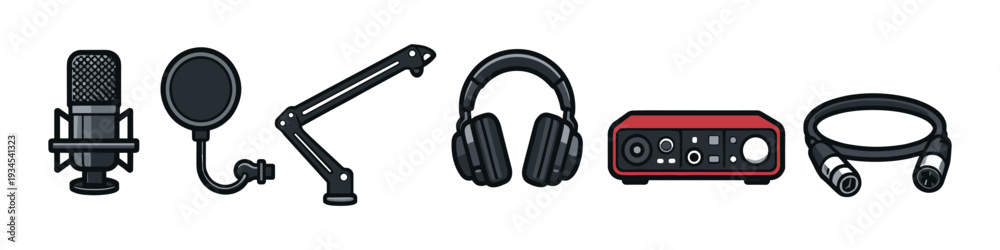 Obraz premium Essential audio equipment for podcasts and recordings in vector style