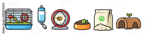 Collection of cartoon hamster cage accessories and supplies for pet care