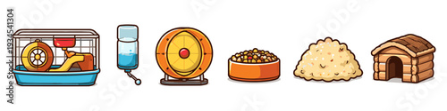Collection of cartoon hamster cage accessories and supplies for pet care