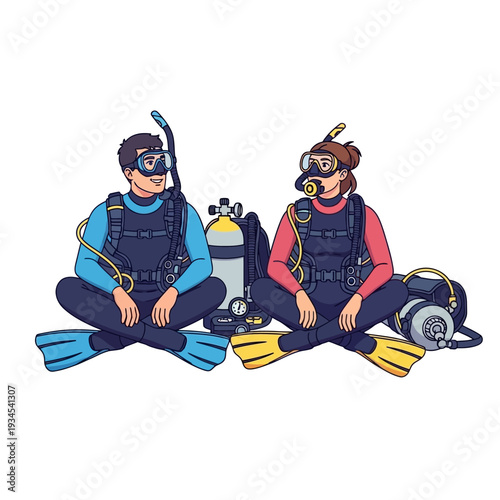 Couple scuba divers sitting with gear, ready for underwater adventure