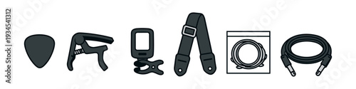 Essential guitar accessories including a pick, capo, tuner, strap, strings, and cable