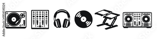 Collection of DJ equipment icons including turntable, mixer, headphones, vinyl, and controller