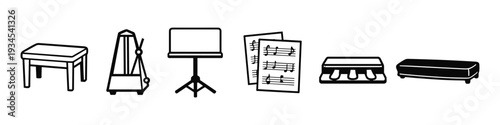 Collection of musical accessories including a bench, metronome, music stand, sheet music, and pedals