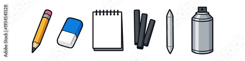 Collection of art supplies including pencil, eraser, notepad, charcoal, stylus, and spray can