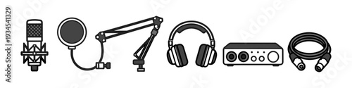 Set of audio recording equipment icons including microphone, headphones, and interface