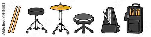 Collection of drum accessories including drumsticks, stools, cymbal, and metronome