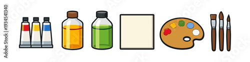 Art supplies including paint tubes, bottles, palette, and brushes on a white background