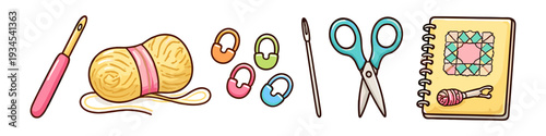 Crochet and knitting supplies including yarn, hooks, scissors, and a pattern notebook