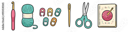 Crochet supplies including yarn, hook, needle, scissors, stitch markers, and a pattern book