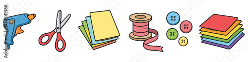 Collection of colorful craft supplies including a glue gun, scissors, paper, ribbon, and buttons