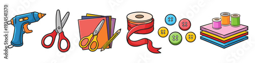 Collection of crafting supplies including scissors, glue gun, paper, ribbon, buttons, and thread