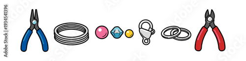 Jewelry making tools and findings including pliers, wire, beads, clasp, and jump rings