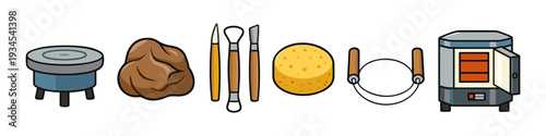 Ceramic art supplies including pottery wheel, clay, tools, sponge, wire cutter, and kiln