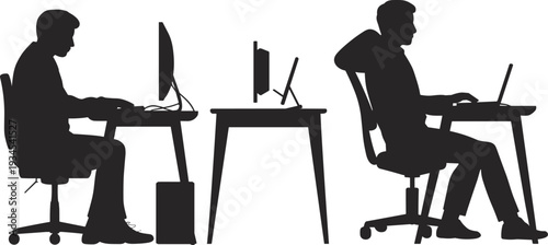 Office worker posture comparison at computer desk, correct and incorrect sitting positions in workplace environment, flat vector illustration