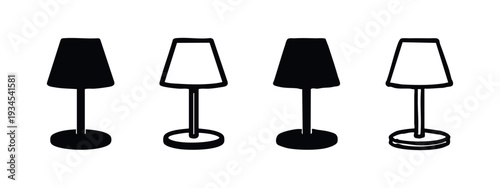 Set of Stylized Table Lamps Icons in Black and White Outline and Silhouette