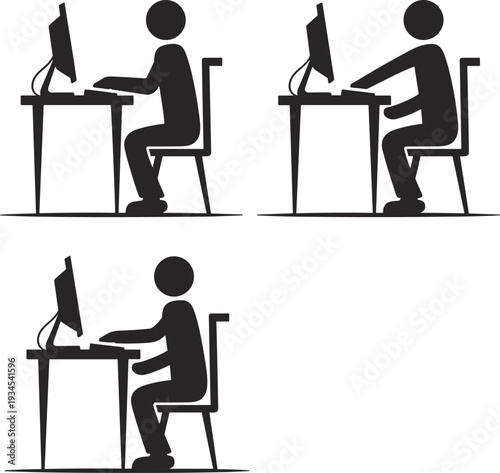 Office worker sitting posture positions at computer desk, ergonomic comparison of correct and incorrect workplace habits, flat vector illustration