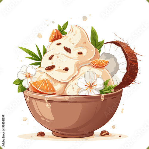 Vector illustration of matcha and vanilla ice cream scoops in a coconut bowl with lime, isolated on a white background