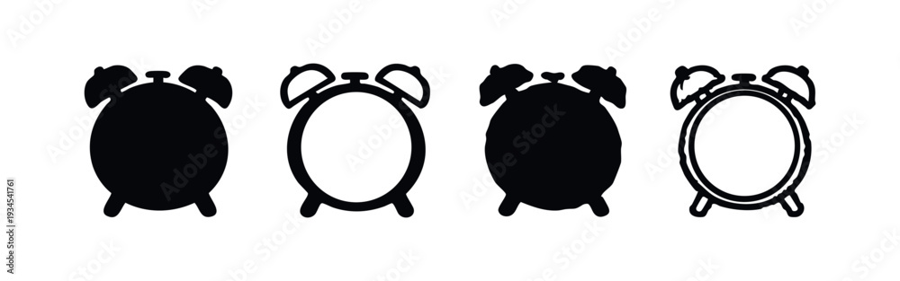 Fototapeta premium Minimalist Alarm Clock Icons Set, Simple Timepiece Silhouette Vector Symbols