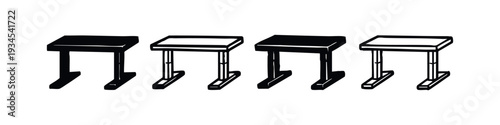 Hand-drawn set of table and bench icons with outlined details and solid forms.