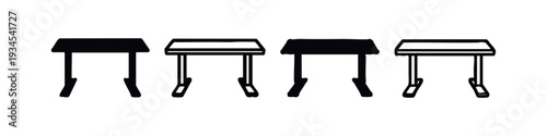 Hand-drawn collection of minimalist table and bench silhouettes in various styles.