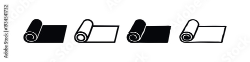 Hand-drawn collection of rolled mat or textile icons in solid and outline styles.