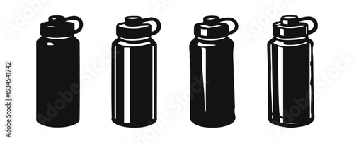 Hand-drawn set of tall water bottle or thermos icons with handles.