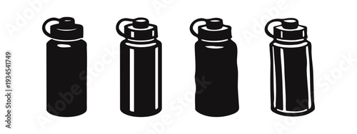 Reusable Water Bottle Icons Set for Hydration and Sport, Silhouette Vector Collection