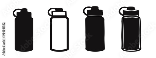Detailed hand-drawn set of water bottle and thermos icons with refined outlines.