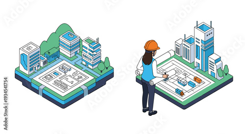 An isometric illustration depicts a female architect holding a large blueprint that corresponds to a miniature model of a city block.