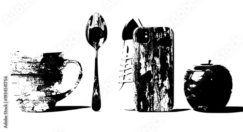 Cup spoon and apple with phone case, grunge texture, black and white still life arrangement featuring contrast, modern,