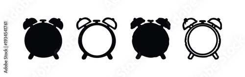 Minimalist Alarm Clock Icons Set, Simple Timepiece Silhouette Vector Symbols
