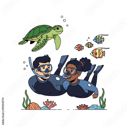 Couple scuba diving with sea turtle and tropical fish underwater