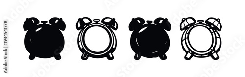 Robust Alarm Clock Silhouette Icons Set, Traditional Wake Up Clock Symbols