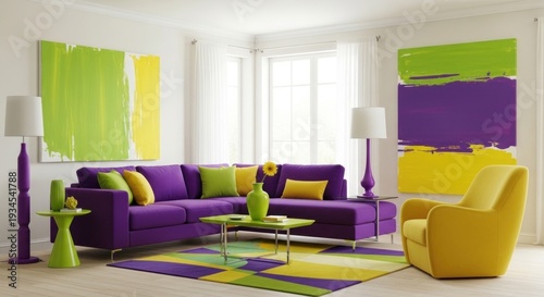 Wallpaper Mural Vibrant living room displays modern furniture in purple and lime accents. Torontodigital.ca