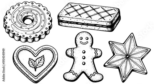 Cookies hand-drawn set with various shapes including heart, gingerbread man, and star. featuring biscuits,