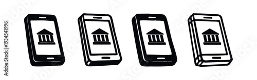 Hand-drawn 3D mobile banking icons set featuring bank building symbols on smartphone screens, for financial apps.