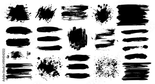 Brush strokes set with black paint splatters and smudges featuring grunge, texture, abstract with art and design